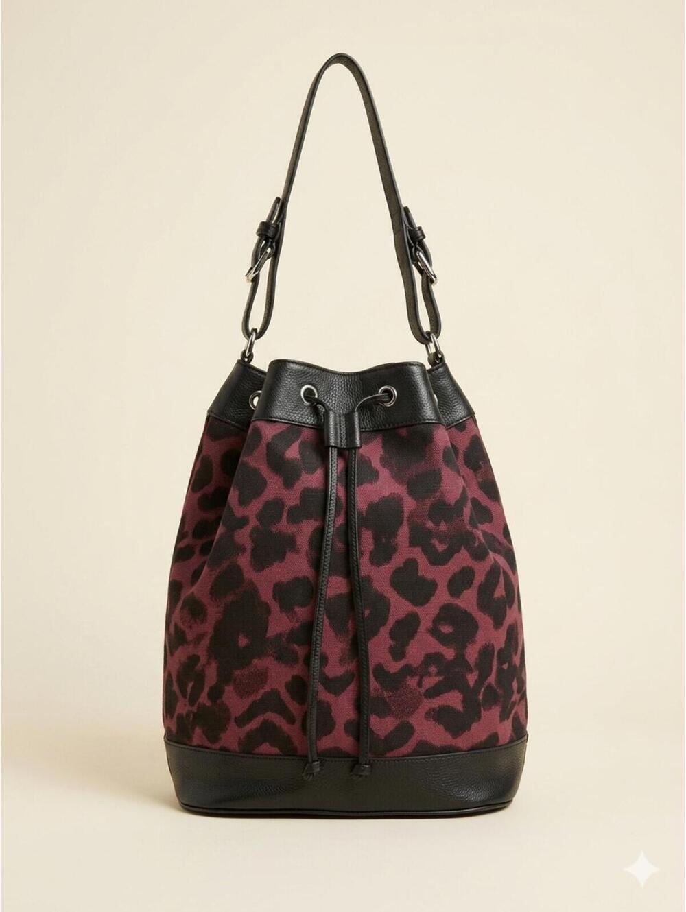Sandro Burgundy and Black Animal Print Canvas and Leather Trim Bucket Bag